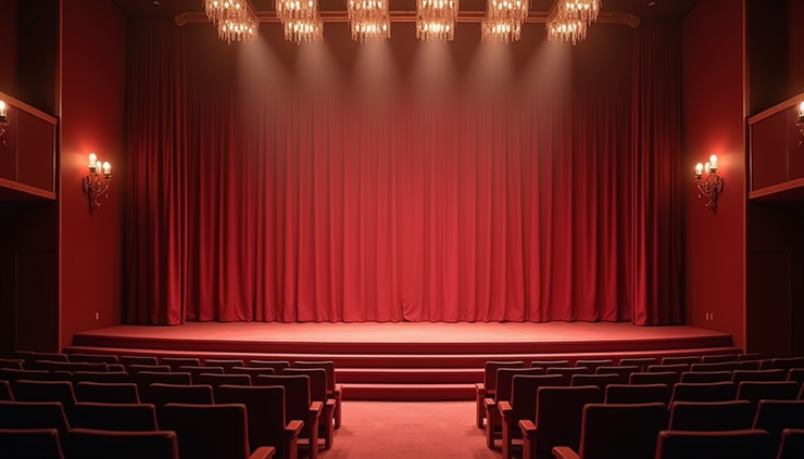 Eye-level view of a stage set for a theatre awards ceremony with elegant lighting and decorations