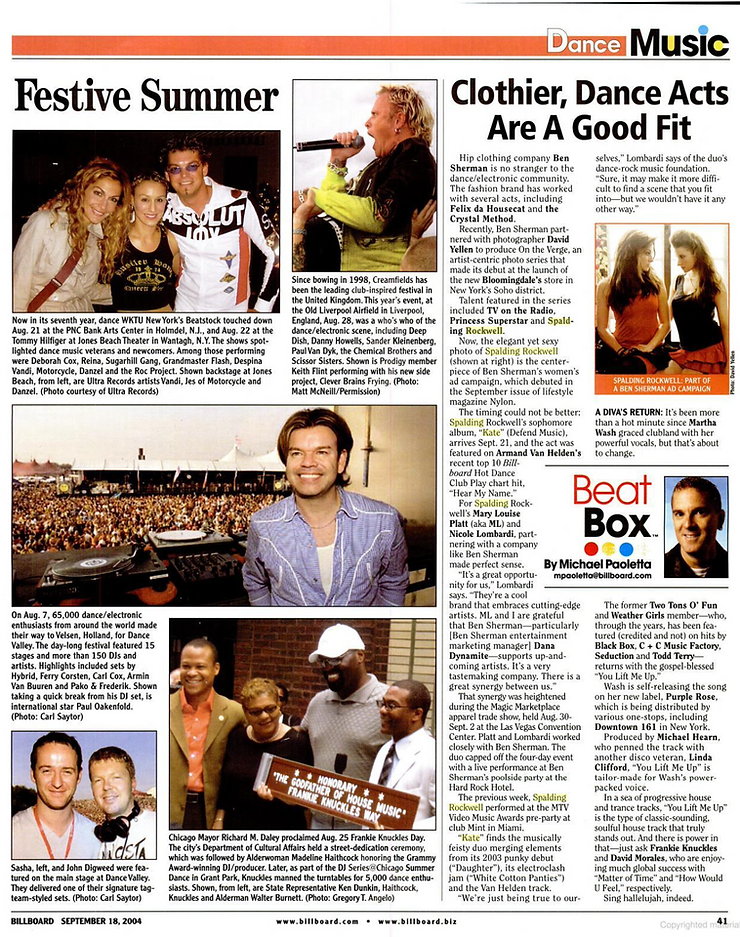 Magazine page featuring articles on dance music events, artist interviews, and vibrant photos of performers and DJs.