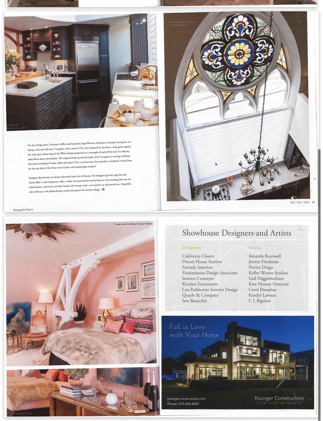 Magazine spread showing the showhouse living room and the Gothic arch stained glass window