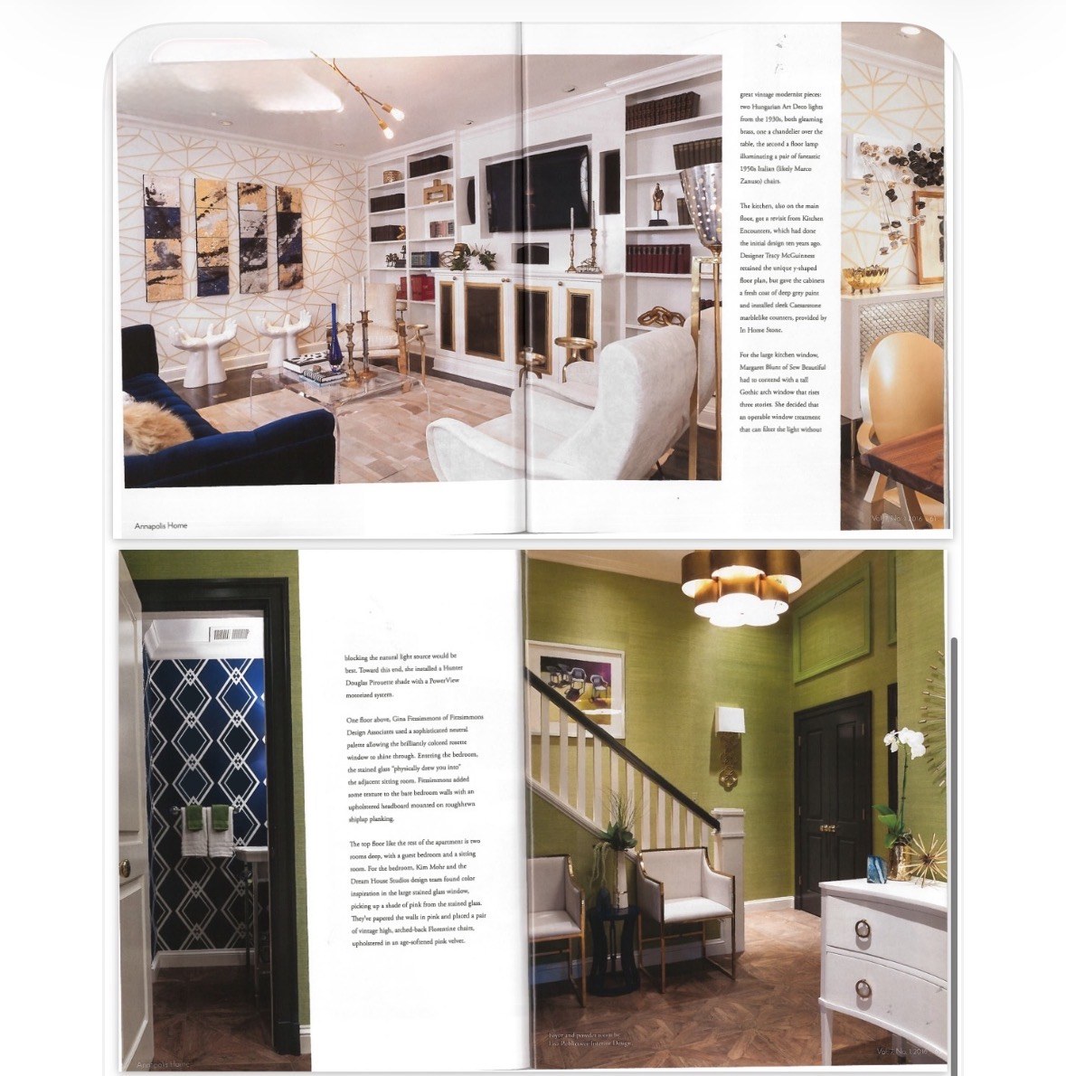 Magazine spread showing the showhouse kitchen, guest room and the list of showhouse designers and artists