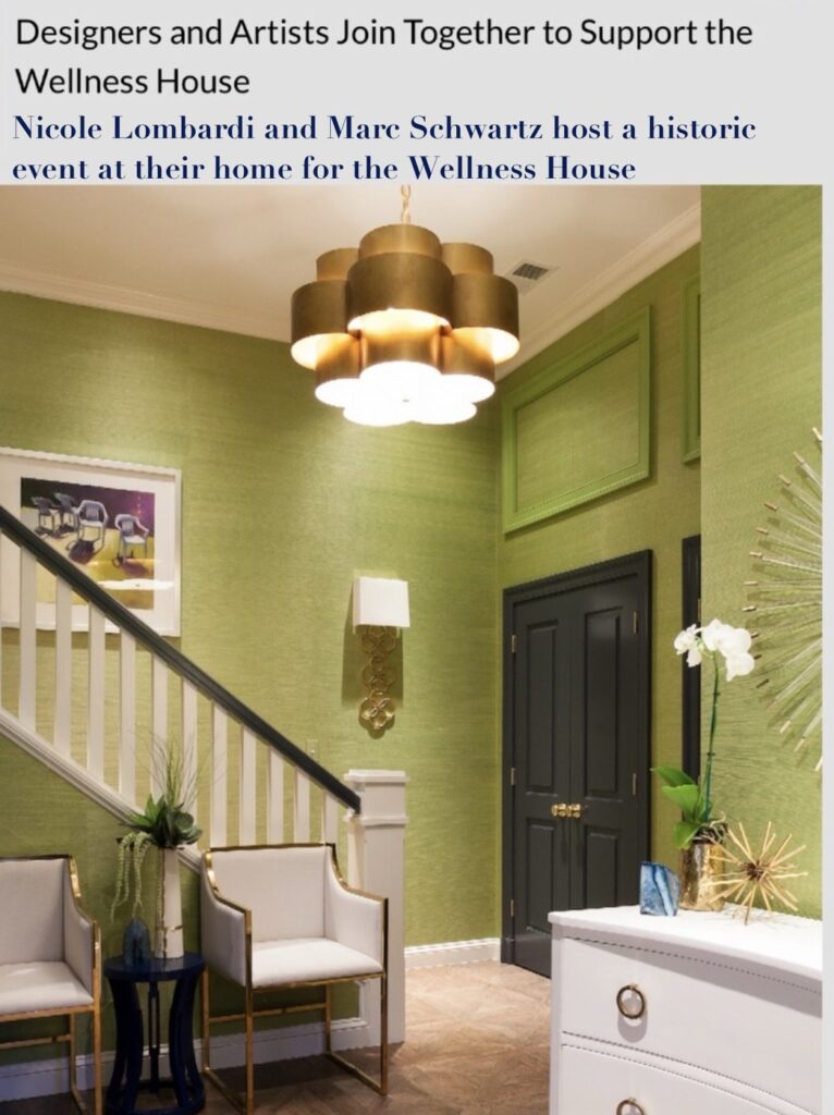 Annapolis Home Magazine feature headline over a green grasscloth foyer with a brass chandelier
