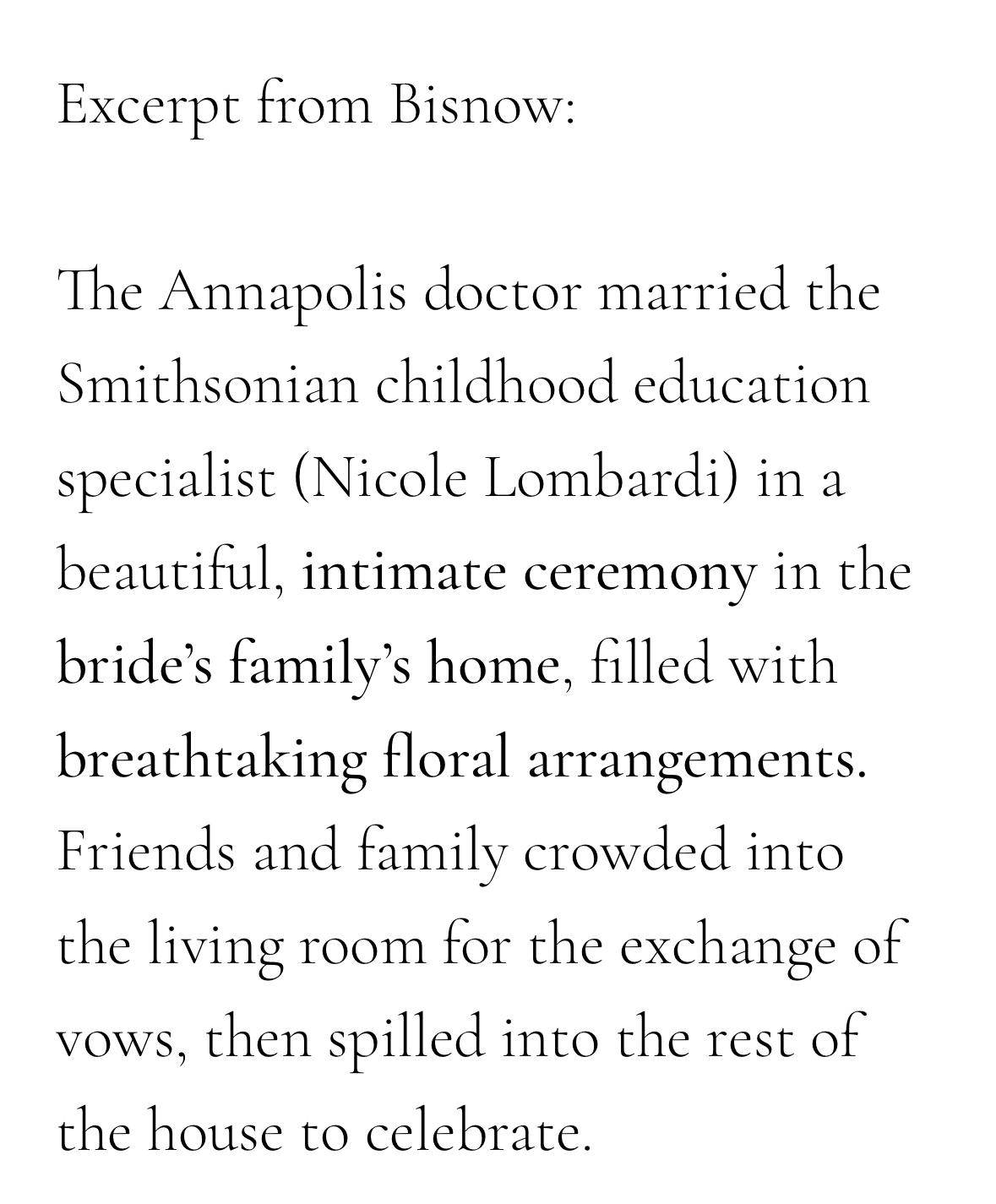 Excerpt from Bisnow describing the intimate wedding ceremony of Nicole Lombardi at her family home.