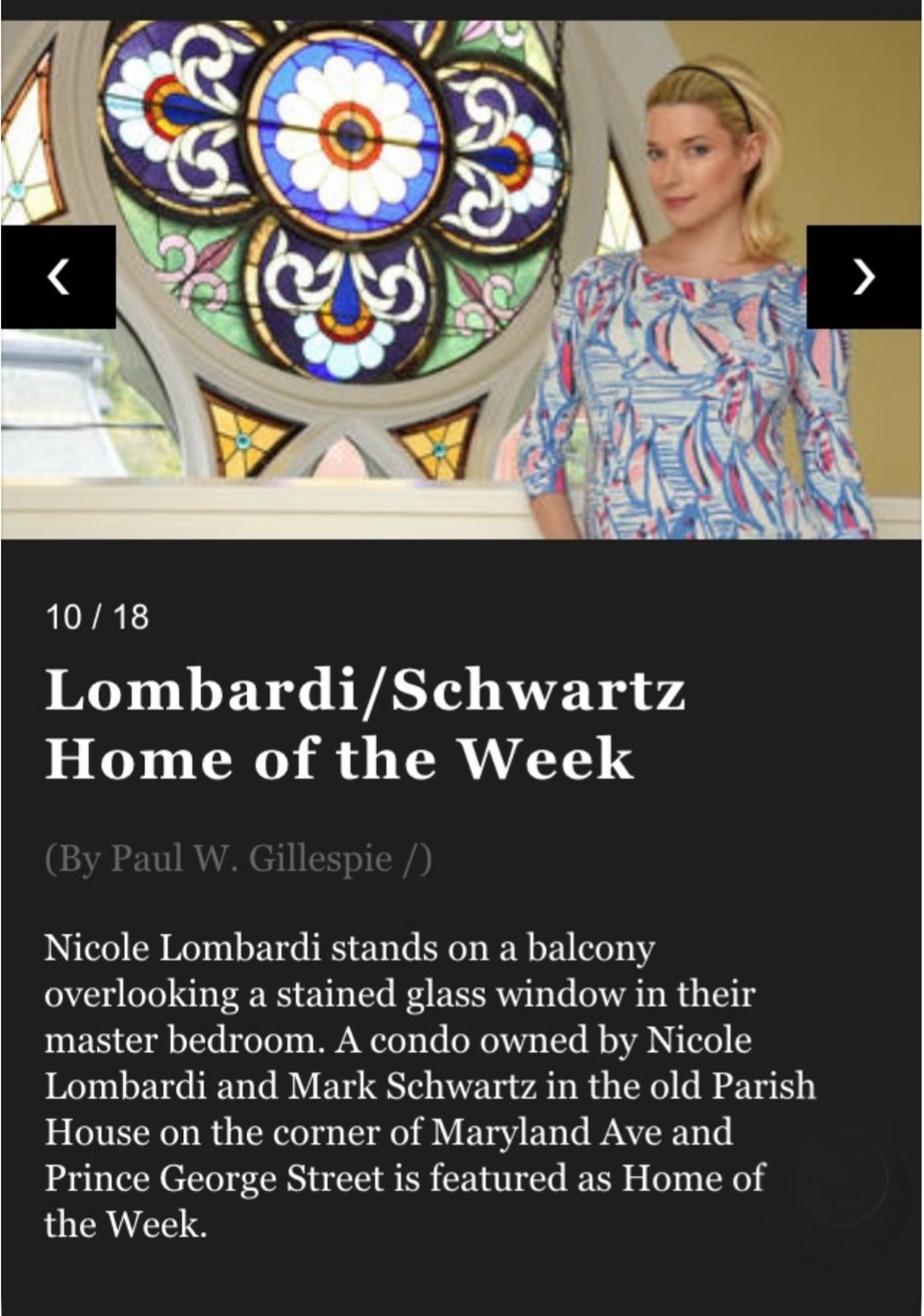 Nicole Lombardi standing beside the rosette stained glass window of the former church